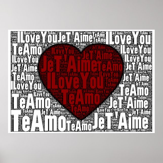 Word Art: "I Love You" 3 languages - Red Heart Poster (Front)