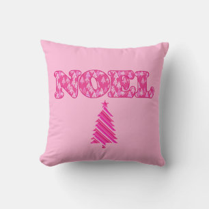 Word Art - Noel Patterned in Fuchsia Pink Trees Throw Pillow