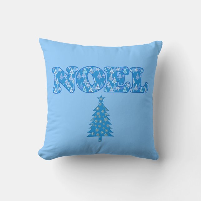 Word Art - Noel Patterned with Trees Light Blue  Throw Pillow (Front)