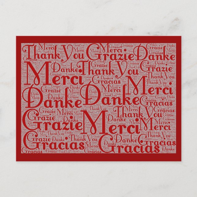 Word Art: Thank You in Multi Languages - Red White Postcard (Front)