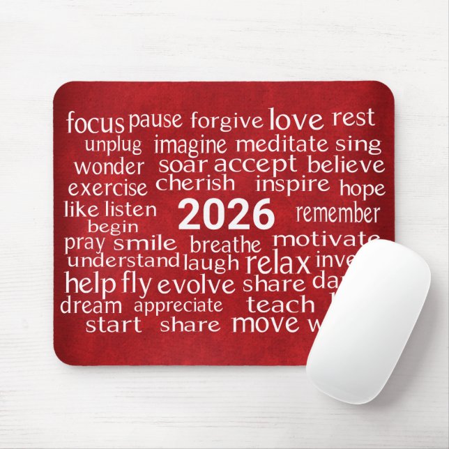 Word Cloud 2026 On Red Leather Mouse Pad (With Mouse)