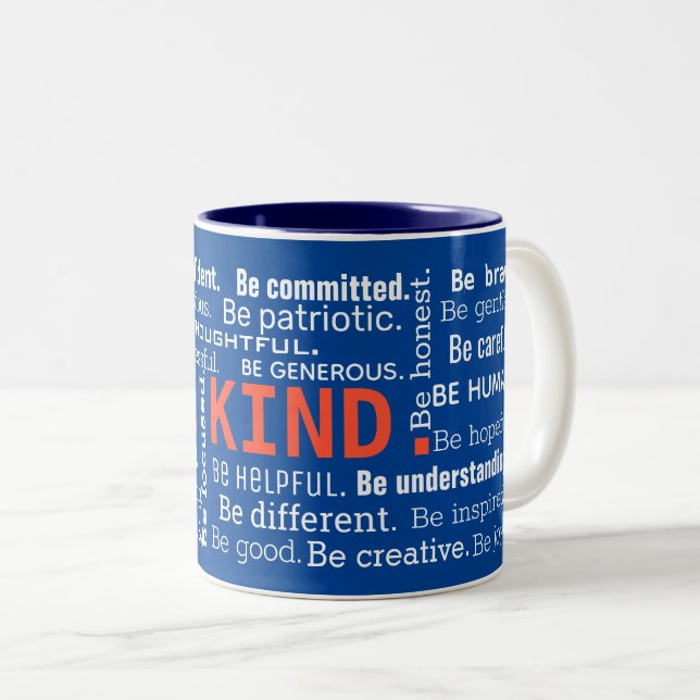 Word Cloud inspirational words on blue Two-Tone Coffee Mug (Front Right)
