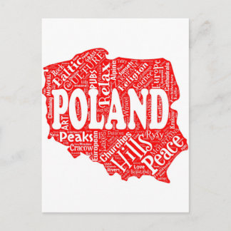 Word cloud with Polish terms in a shape of Poland Postcard