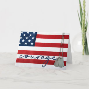 word courage and dog tags on flag thank you card