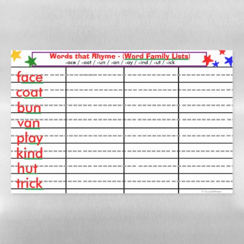Word Family Activity _ace _oat _ick Magnetic Dry Erase Sheet
