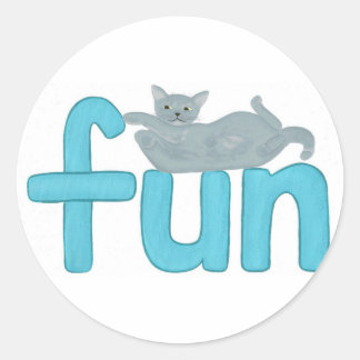 word fun in aqua with playful gray cat, stickers