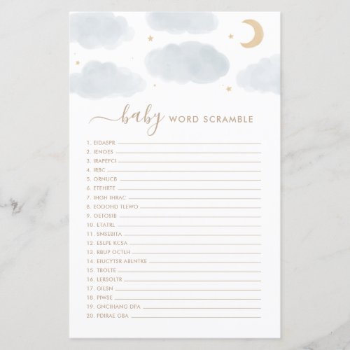 Word Scamble Baby Shower Game Over the Moon
