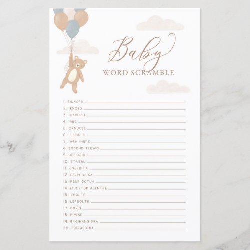 Word Scamble Baby Shower Game We Can Bearly Wait