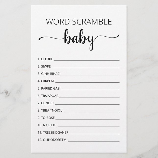 Word Scramble Baby Game Baby Shower party game (Front)