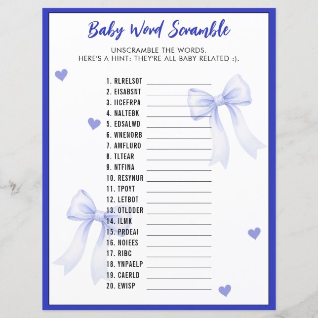 Word Scramble Baby Shower Game Blue Bow Ribbon (Front)