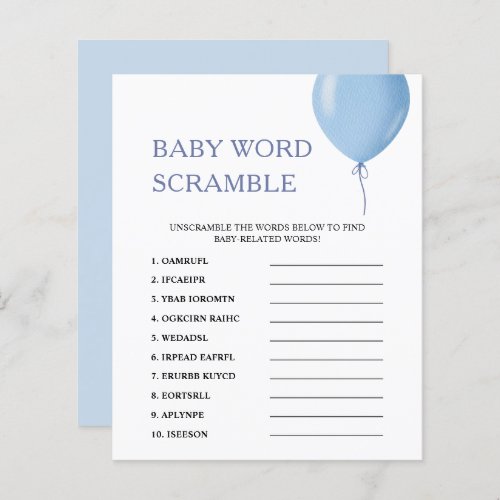 Word Scramble  Blue Balloon Baby Shower Game