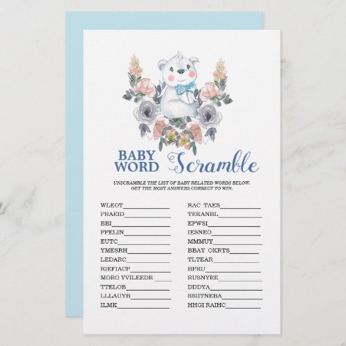 Word Scramble Blue Boy Baby Shower Game