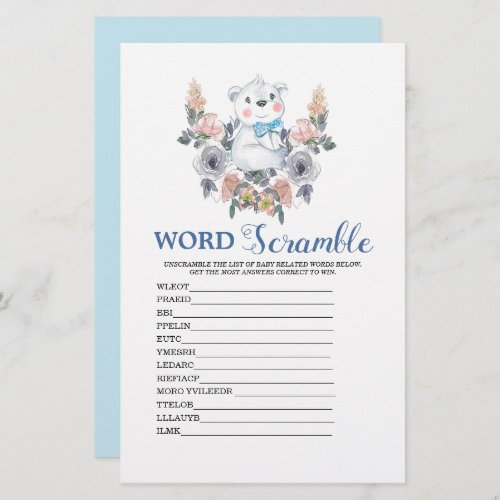 Word Scramble Blue Boy Baby Shower Game