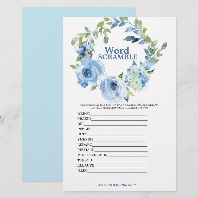 Word Scramble Blue Boy Baby Shower Game (Front/Back)