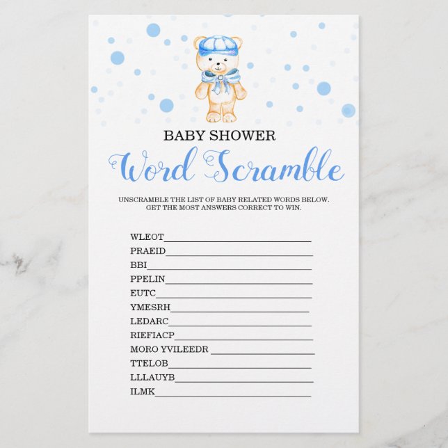 Word Scramble Blue Boy Baby Shower Game (Front)