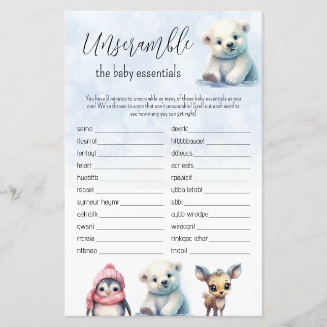 Word Scramble Blue Winter Boy Baby Shower Game (Front)