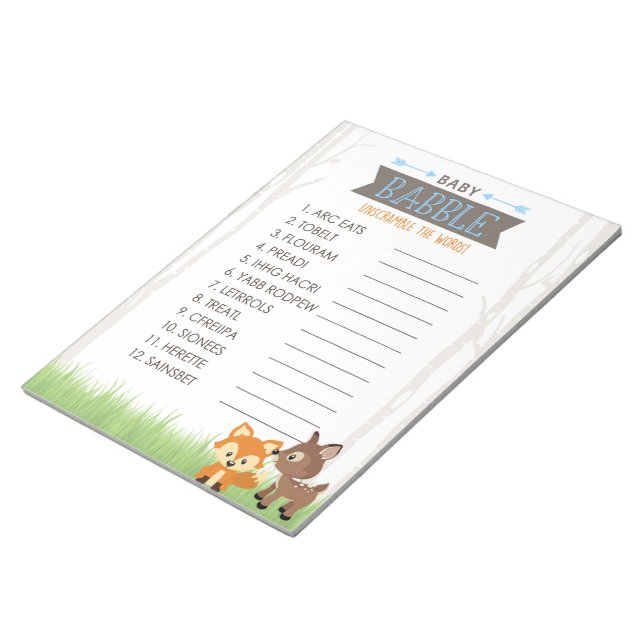 Word Scramble Blue Woodland Baby Shower Game Pack Notepad (Angled)