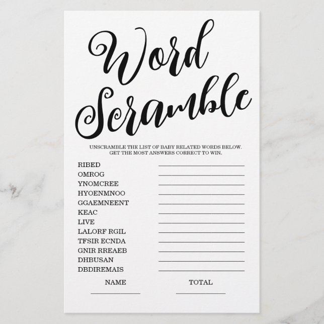 Word Scramble Bridal Shower Game (Front)