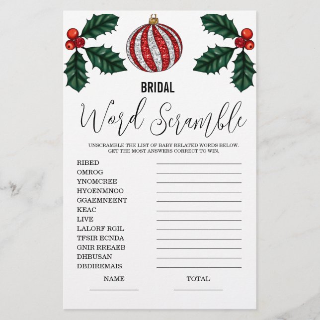 Word Scramble Bridal Shower Game (Front)