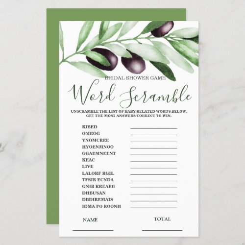 Word Scramble Bride Olive Branch Bridal Game