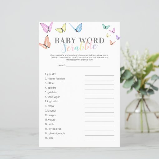 Word Scramble Butterfly Baby Shower Game | Zazzle