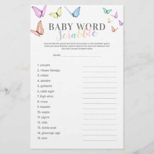 Word Scramble Butterfly Baby Shower Game