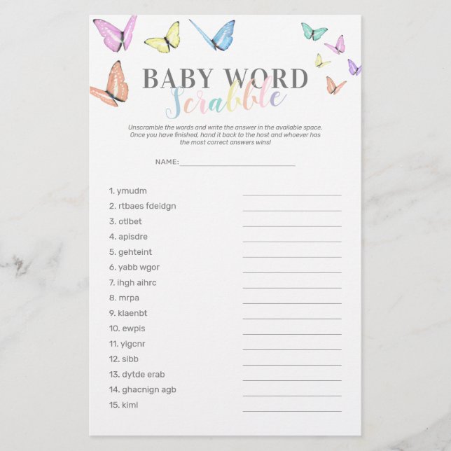 Word Scramble Butterfly Baby Shower Game (Front)
