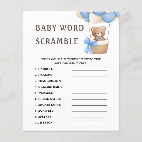 Word Scramble  Cute Bear Balloon Baby Shower Game