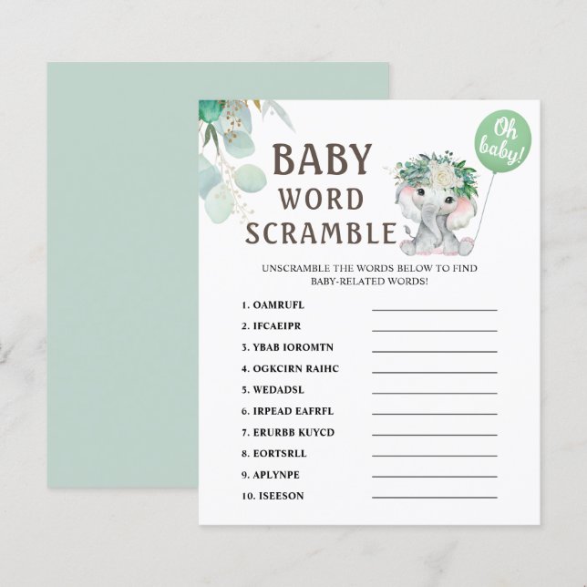 Word Scramble | Elephant Green Balloon Baby Shower (Front/Back)