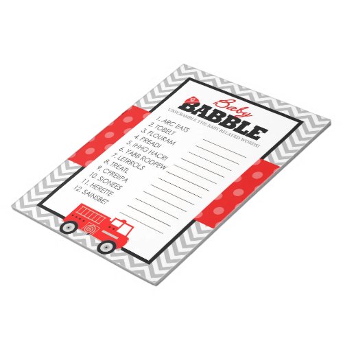 Word Scramble Firetruck Baby Shower Game Pack Notepad