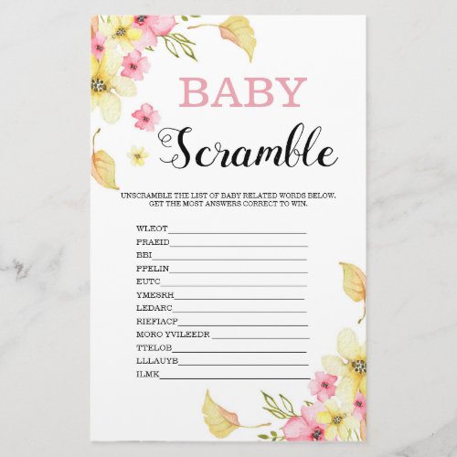 Word Scramble Floral Baby Shower Game