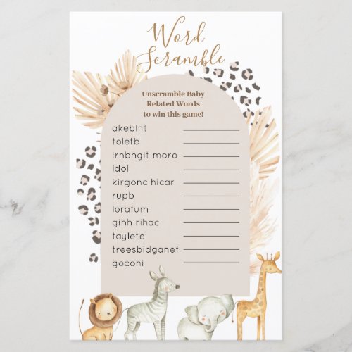 Word Scramble Game Boho Wild Animals Shower Sign