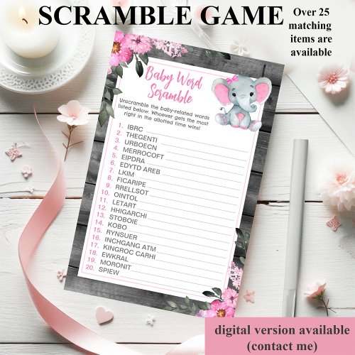 Word Scramble Game Elephant Pink Floral Flyer