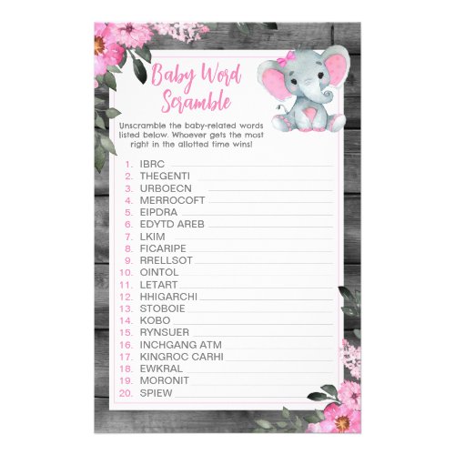 Word Scramble Game Elephant Pink Floral Flyer