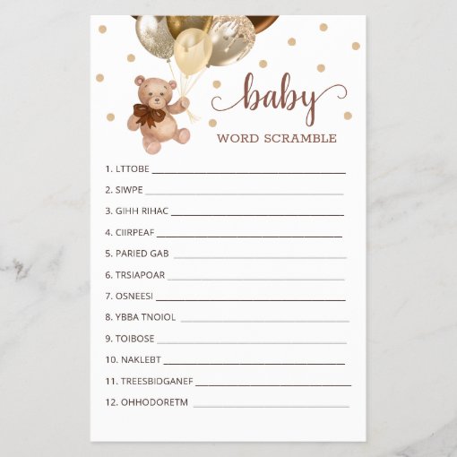 Word Scramble Game for the Baby Shower Teddy Bear | Zazzle