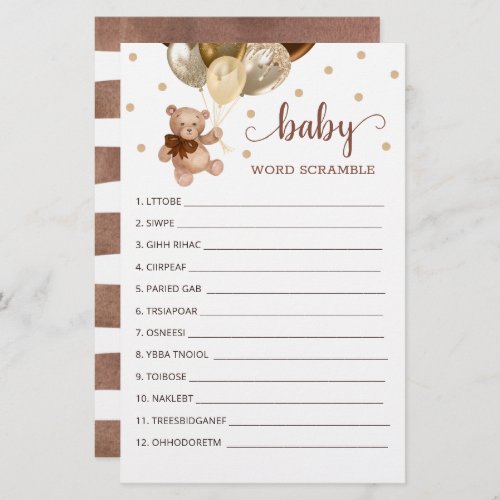 Word Scramble Game for the Baby Shower Teddy Bear