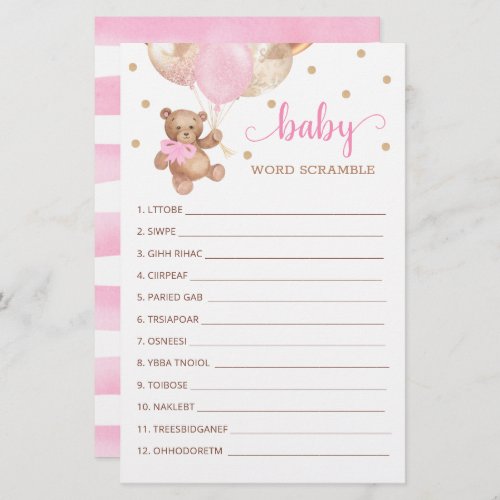 Word Scramble Game for the Baby Shower Teddy Bear