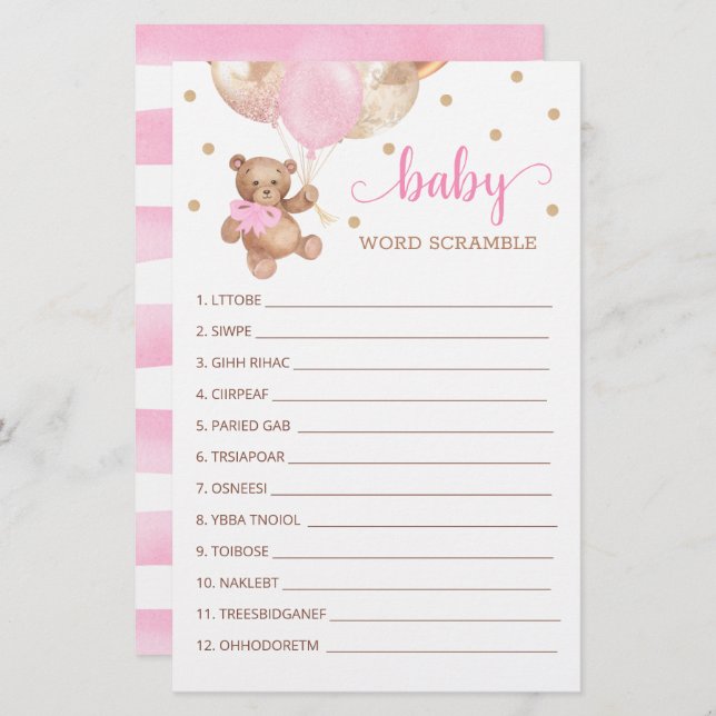 Word Scramble Game for the Baby Shower Teddy Bear (Front/Back)