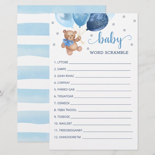 Word Scramble Game for the Baby Shower Teddy Bear (Front/Back)
