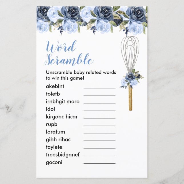 Word Scramble Game Navy Floral Soon to be Whisked (Front)