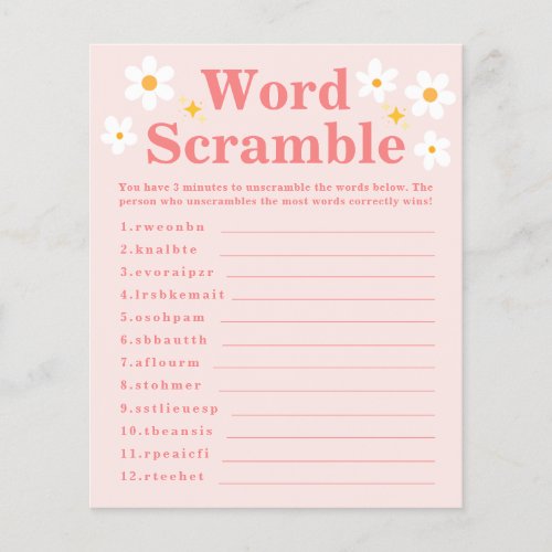 Word Scramble Game Pink Daisy Spring Baby Shower 