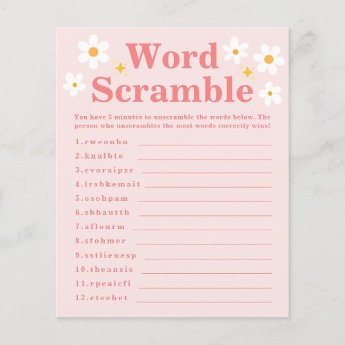 Word Scramble Game Pink Daisy Spring Baby Shower 