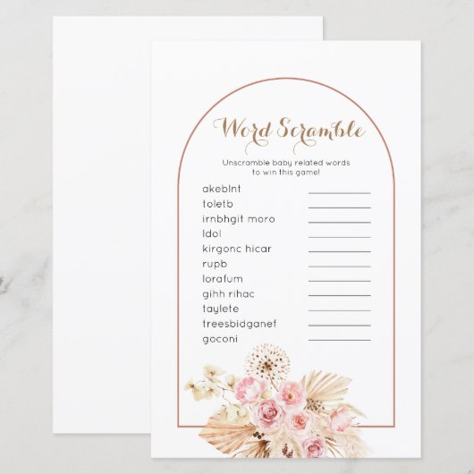 Word Scramble Game Pink Floral Boho Pampas Grass (Front/Back)