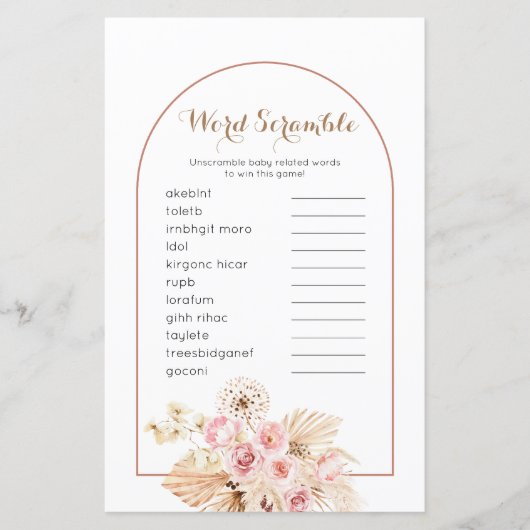 Word Scramble Game Pink Floral Boho Pampas Grass (Front)