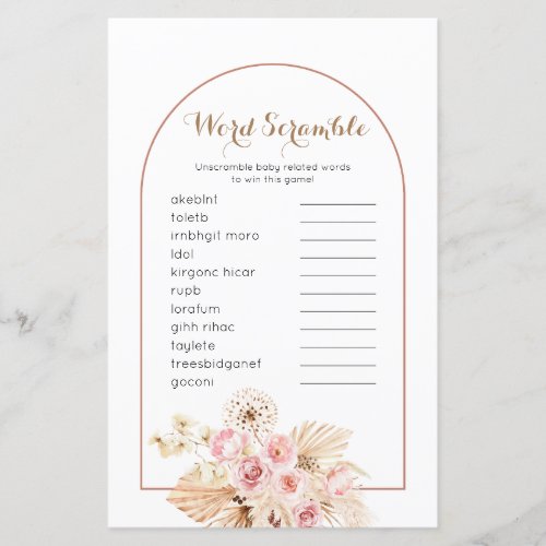 Word Scramble Game Pink Floral Boho Pampas Grass