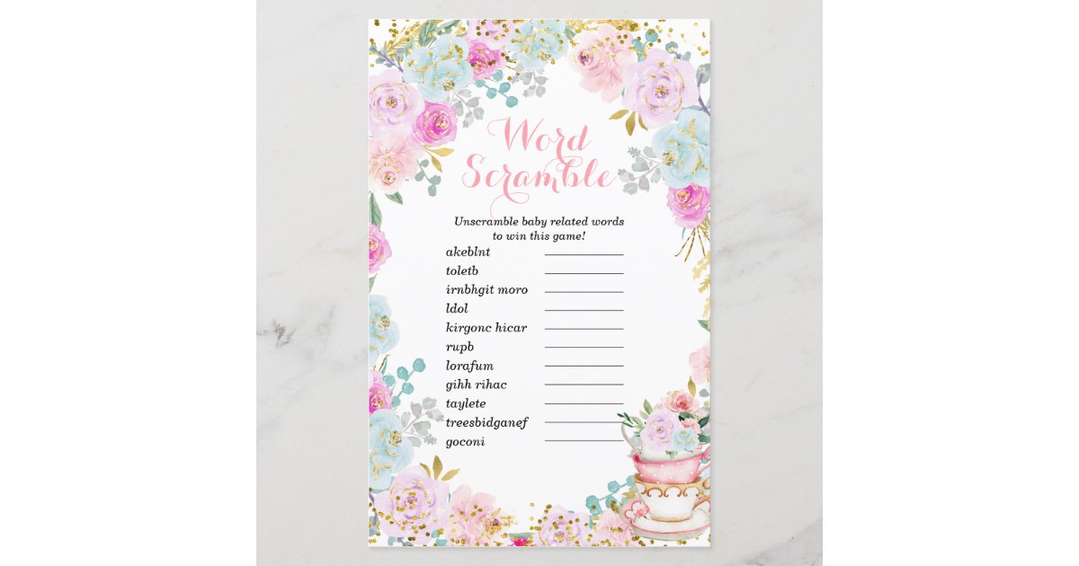 Word Scramble Game Tea Party Pastel Floral Zazzle