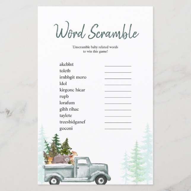 Word Scramble Game Winter Woodland Pine Trees (Front)