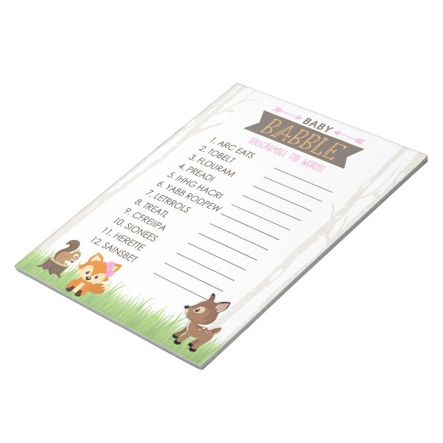 Word Scramble Girl Woodland Baby Shower Game Pack Notepad (Angled)