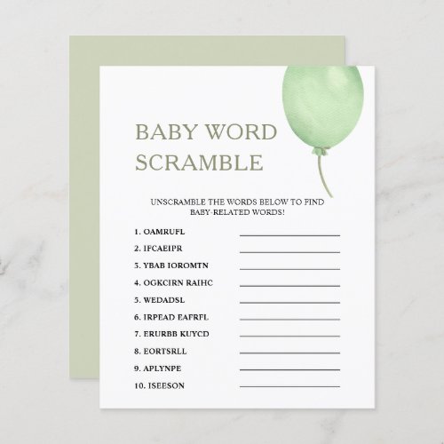 Word Scramble  Green Balloon Baby Shower Game
