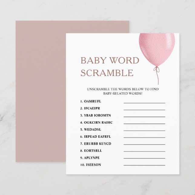 Word Scramble | Pink Balloon Baby Shower Game (Front/Back)